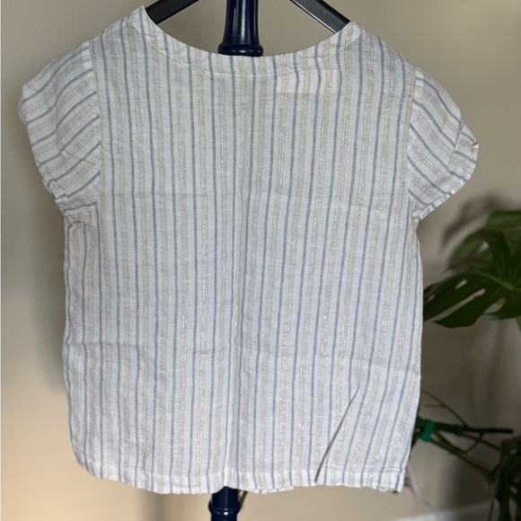 Cynthia Rowley Striped White Top with Side Button Detail & Gold Accent threading - Picture 8 of 8